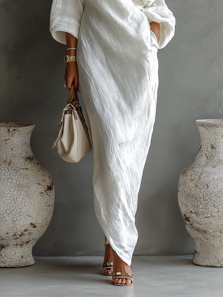 Flowy Off Shoulder Long Dress with Puffy Sleeve