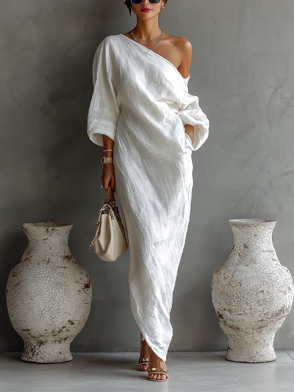 Flowy Off Shoulder Long Dress with Puffy Sleeve - Nocini