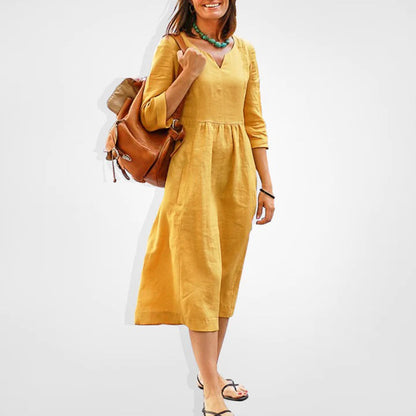 Casual V Neck Midi Dress with Short Sleeves