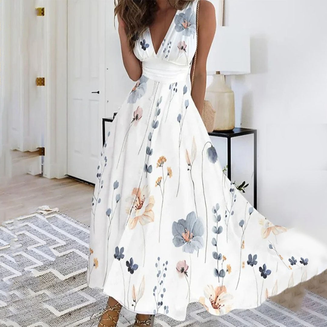Women's Summer Floral V Neck Midi Dress with Thick Straps