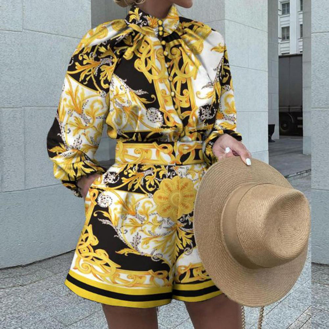 Women's Romper - Slim Fit - High Neck - Fluffy Sleeves - Chic Print Dress