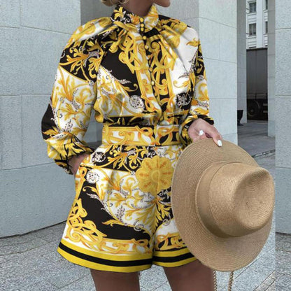 Women's Romper - Slim Fit - High Neck - Fluffy Sleeves - Chic Print Dress