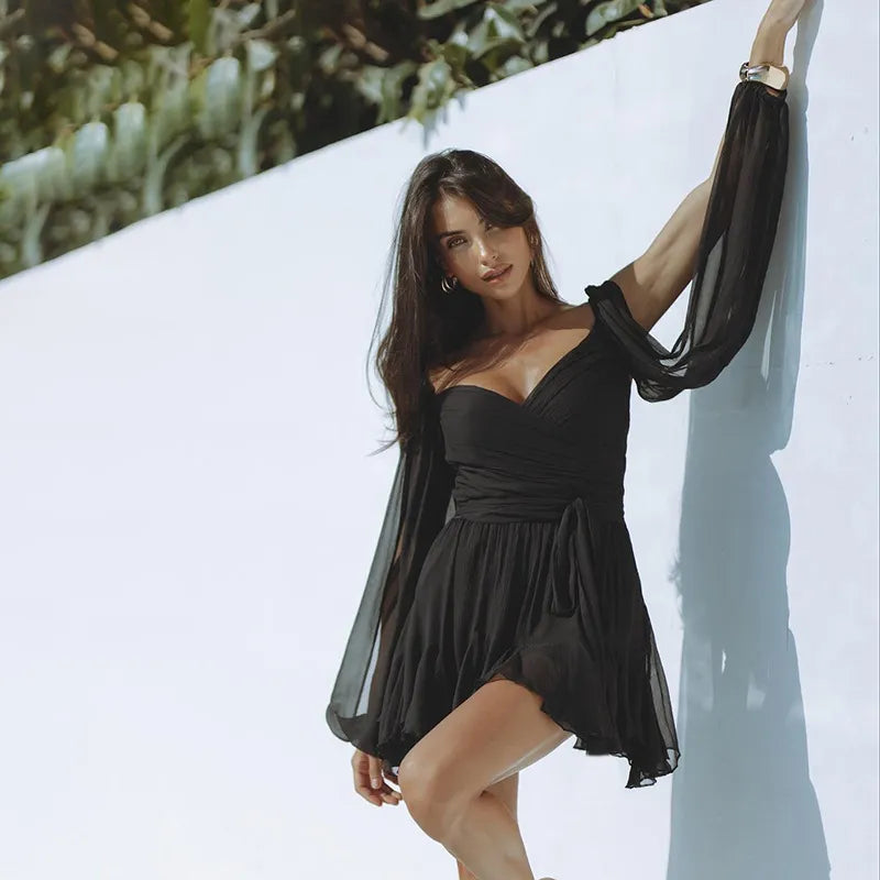 Women's Cute Off Shoulder Mini Dress with Puffy Sleeves