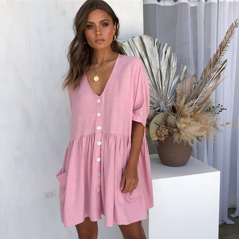 Relaxed Fit V-Neck Women's Dress with Pockets