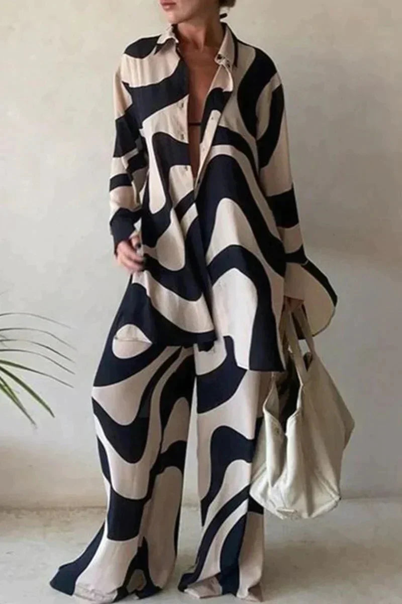 Relaxed Fit Shirt and Pants Set - Airy Abstract Print - Nocini