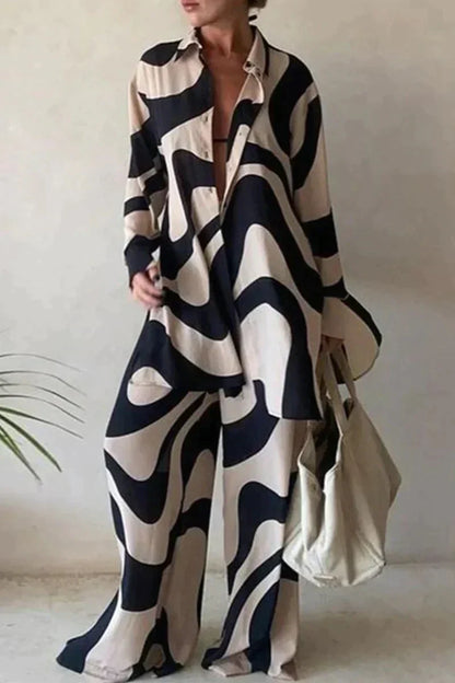 Relaxed Fit Shirt and Pants Set - Airy Abstract Print - Nocini