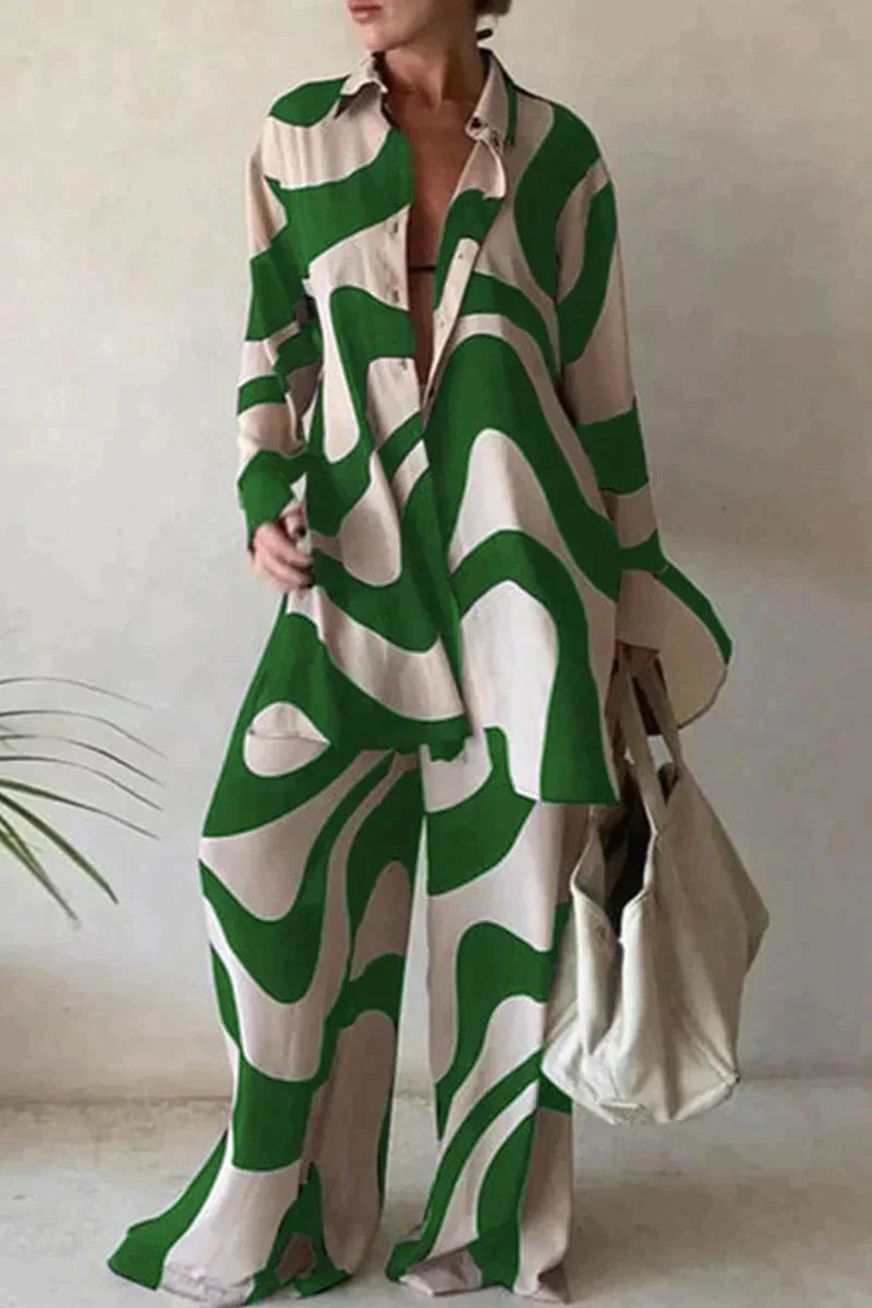 Relaxed Fit Shirt and Pants Set - Airy Abstract Print