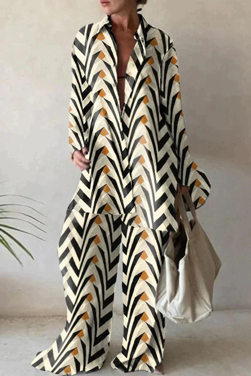 Relaxed Fit Shirt and Pants Set - Airy Abstract Print