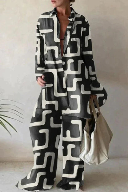 Relaxed Fit Shirt and Pants Set - Airy Abstract Print