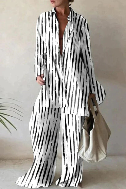 Relaxed Fit Shirt and Pants Set - Airy Abstract Print