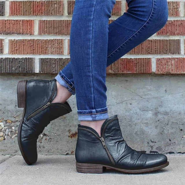 Women's Classic Low Heel Boots - Comfortable Zip Ups