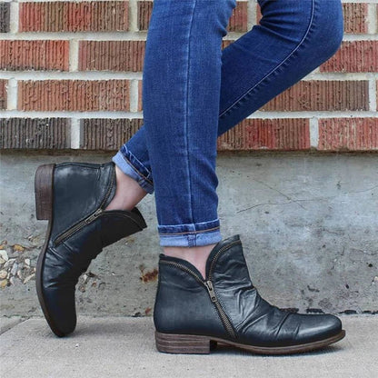 Women's Classic Low Heel Boots - Comfortable Zip Ups