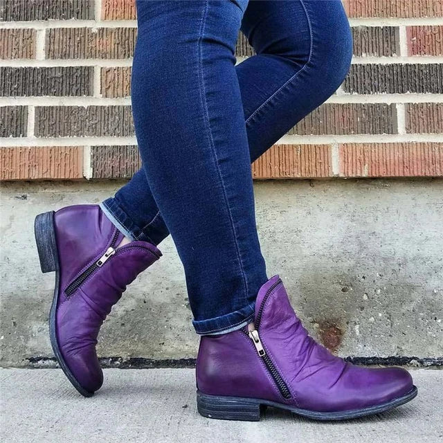 Women's Classic Low Heel Boots - Comfortable Zip Ups