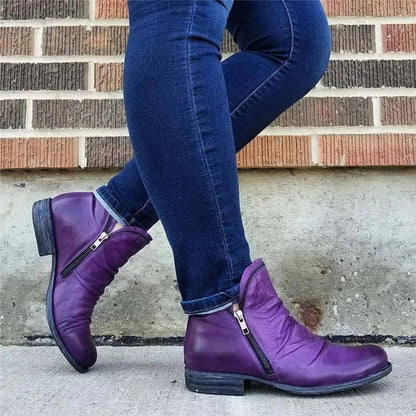 Women's Classic Low Heel Boots - Comfortable Zip Ups