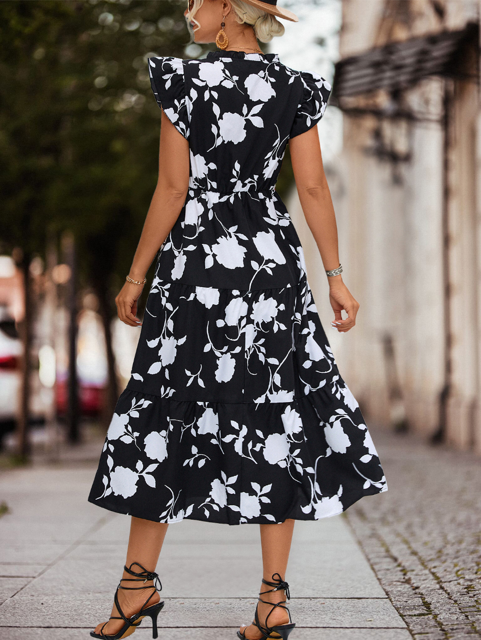 A-line Summer Dress with Puff Sleeves and Colour Accent – Thalia-Black-S-State of Style