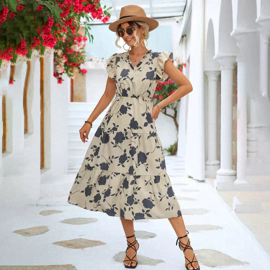 Floral Sundress with Puffy Sleeves and Pop Color Detail - Pexav