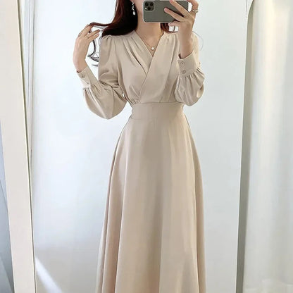 Elegant V Neck Wrap Dress with Long Sleeves