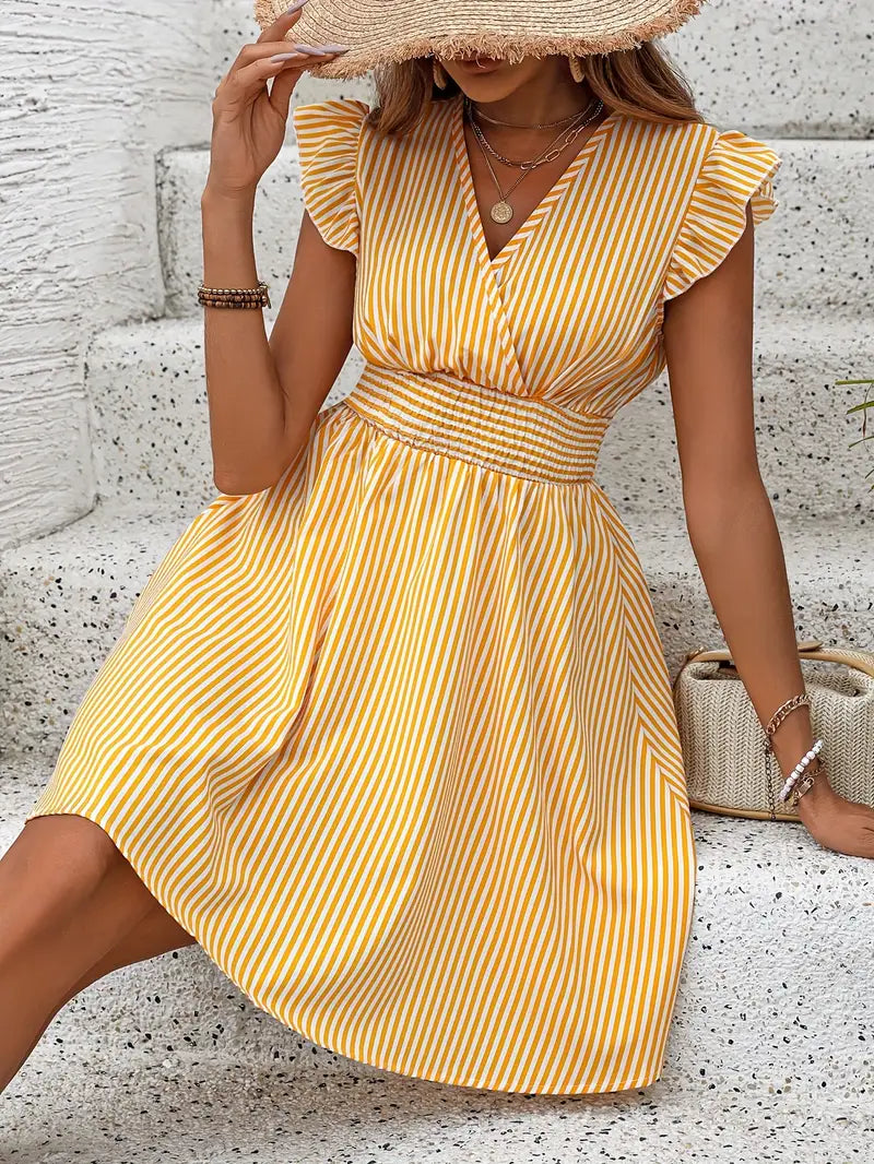 Casual V-Neck Summer Dress with Ruffled Sleeves