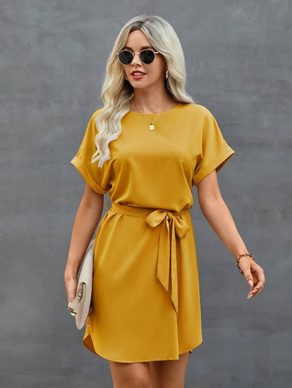Casual Short Sleeve Belted A-Line Dress
