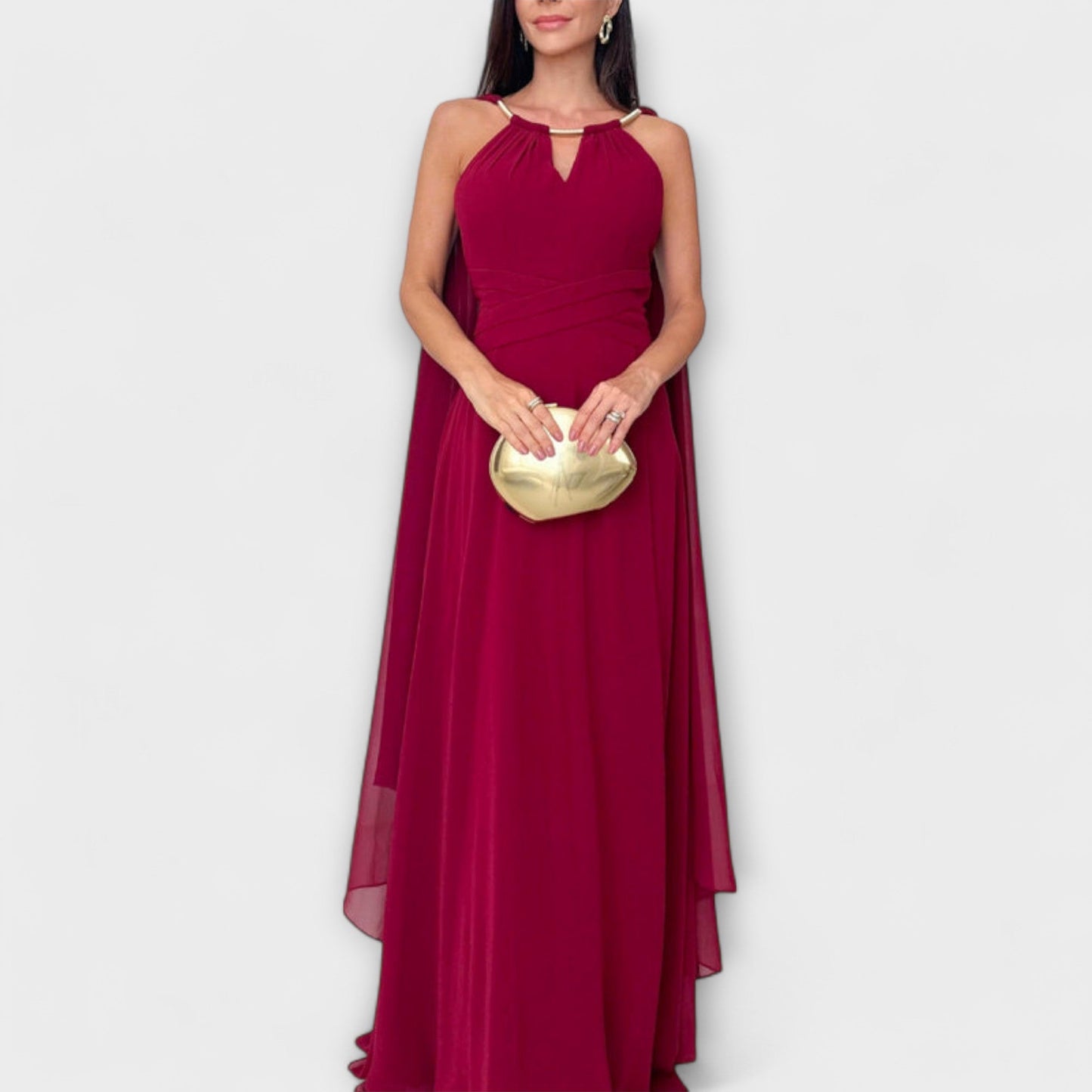 Elegant Long Dress with Bell Sleeves and High Cut