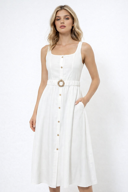 Classic Fit Button Front Waist Belt Midi Dress - Nocini