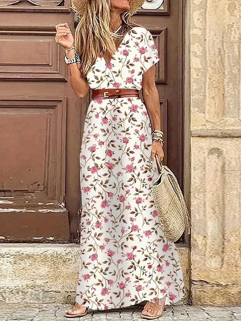 Casual Floral V Neck Maxi Dress for Women