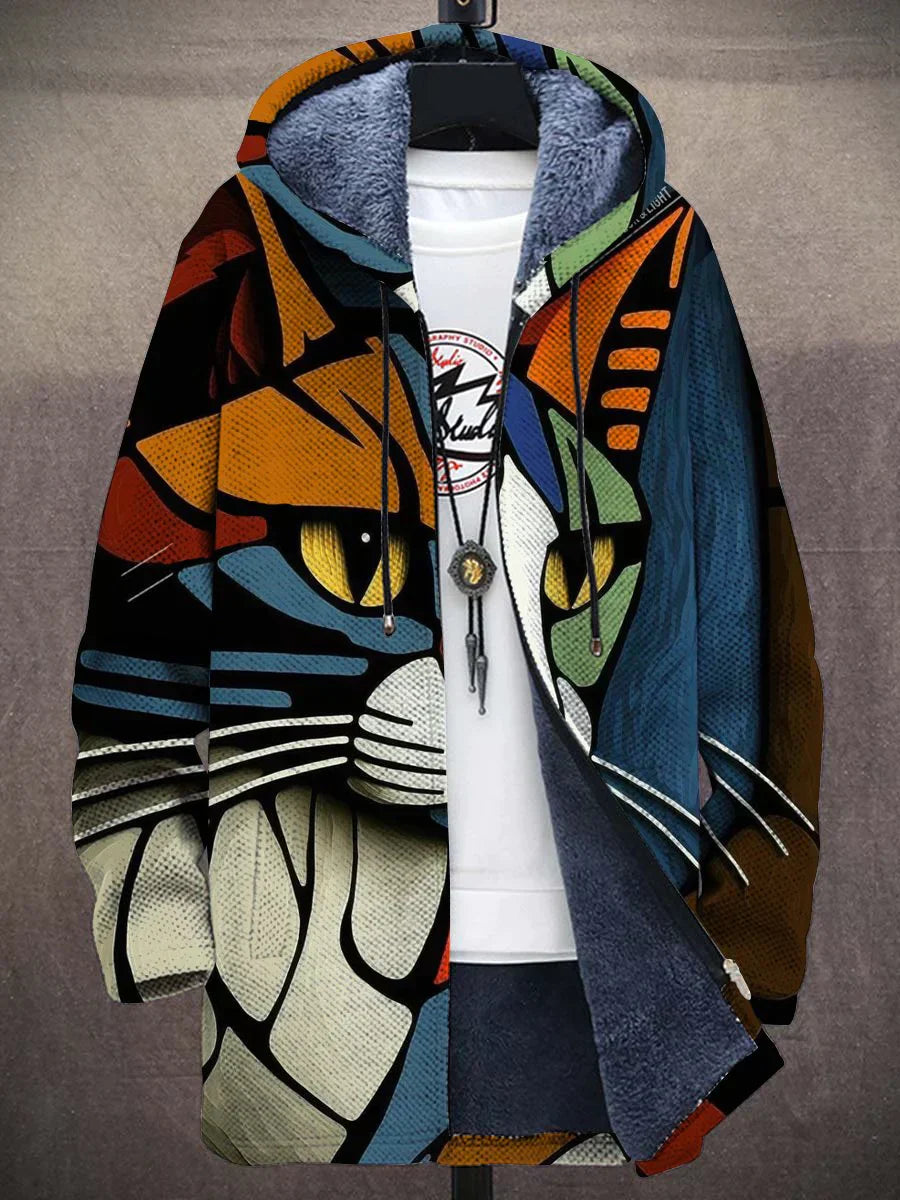 Soft Cat Pattern Puffer Jacket with Fleece Lining - Pexav