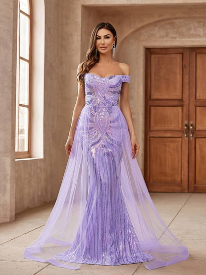 Ladies Formal Gown Off Shoulder Beaded Long Dress - Nocini