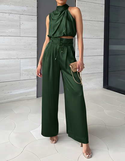 Ladies' Satin Jumpsuit Set - High Neck Top - Wide Leg Pants