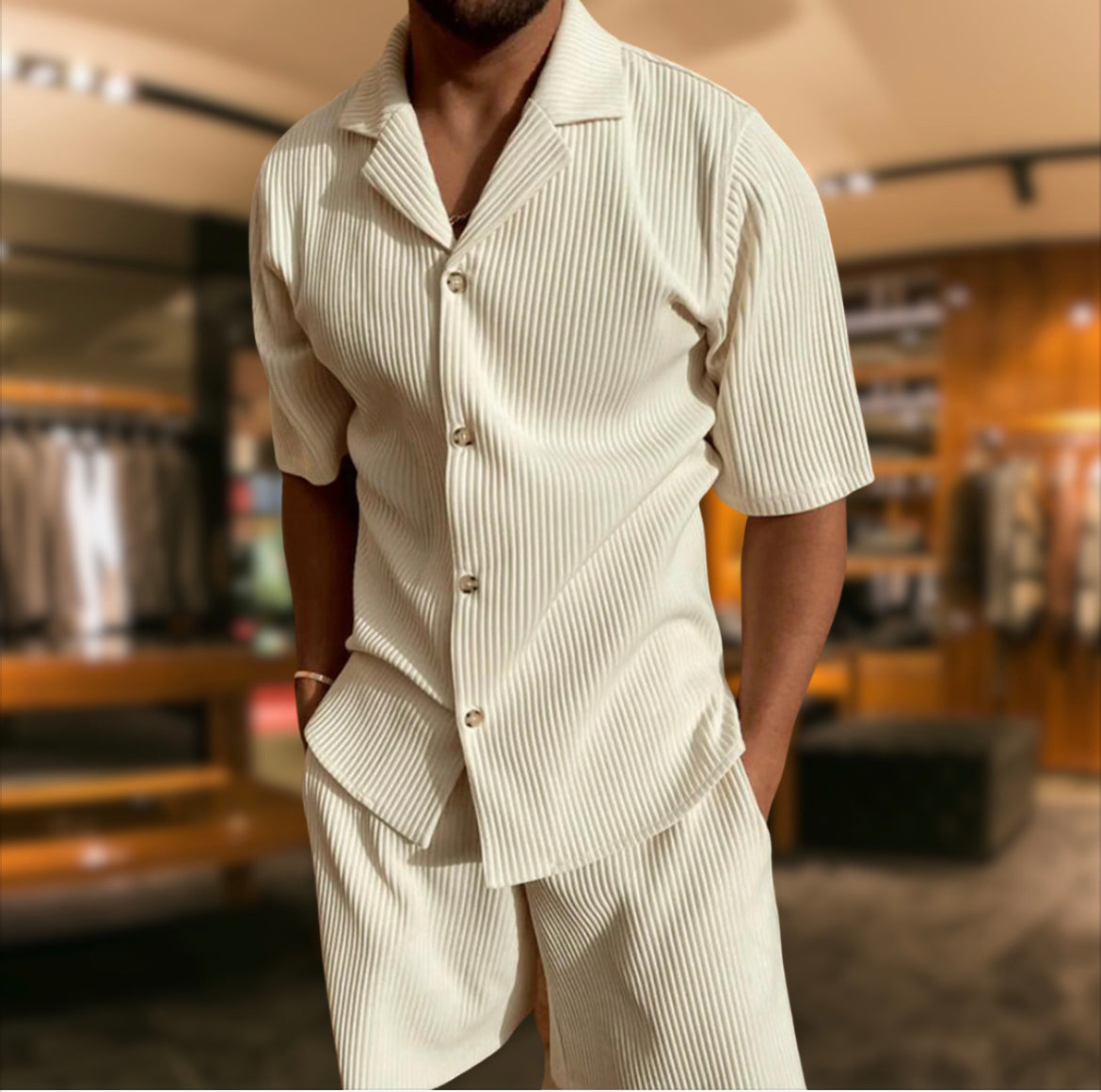 Image of Aiden | Men's Button-Down Short Sleeve Shirt and Drawstring Shorts Set
