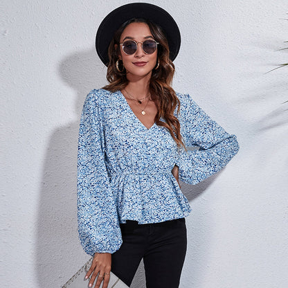 Airy & Colourful Women's Blouse with Pattern – Leona-Blue floral pattern-S-Nora Luxe