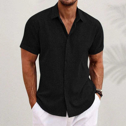 Airy men's linen shirt with short sleeves – Matteo-Black-S-Nora Luxe