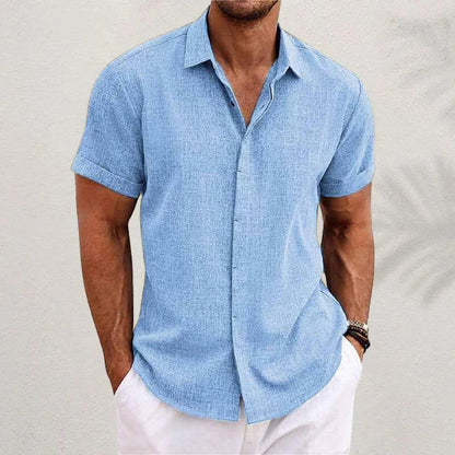 Airy men's linen shirt with short sleeves – Matteo-Light blue-S-Nora Luxe