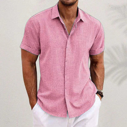 Airy men's linen shirt with short sleeves – Matteo-Pink-S-Nora Luxe