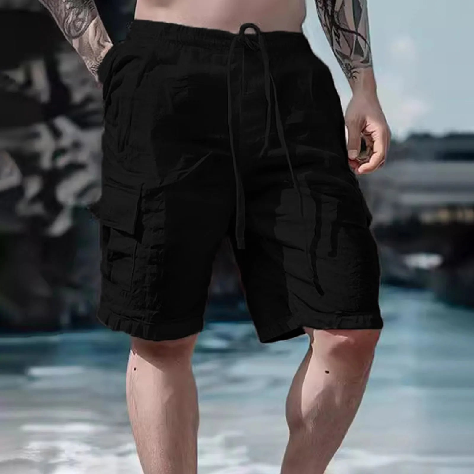 Airy men's linen shorts with wide legs and drawstring – Silas-Black-S-Nora Luxe