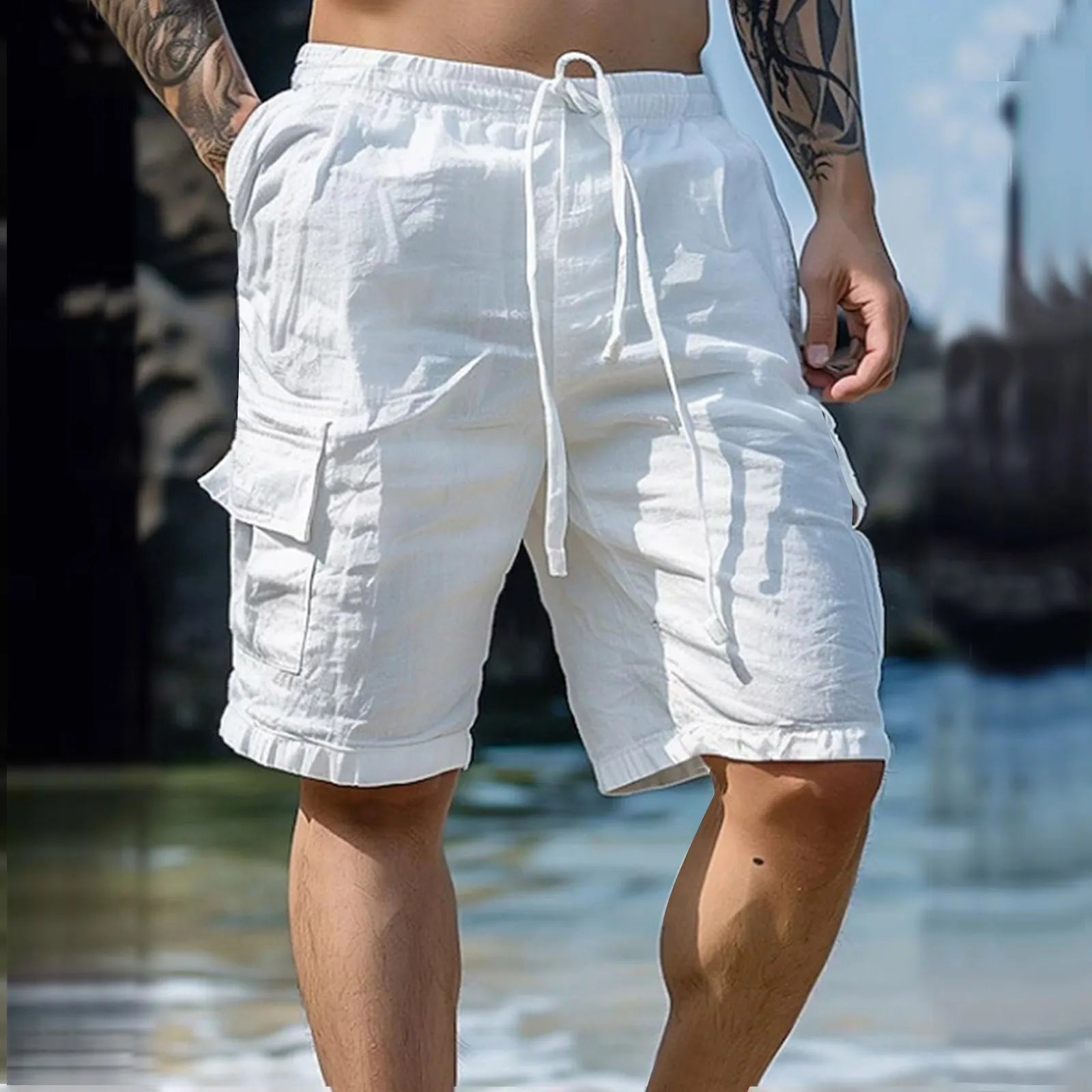 Relaxed Fit Linen Mens Shorts with Elastic Waist - Pexav