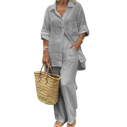 Airy & Stylish Oversized Linen Combo with Blouse and Trousers for Women – Amaris-Gray-S-Nora Luxe