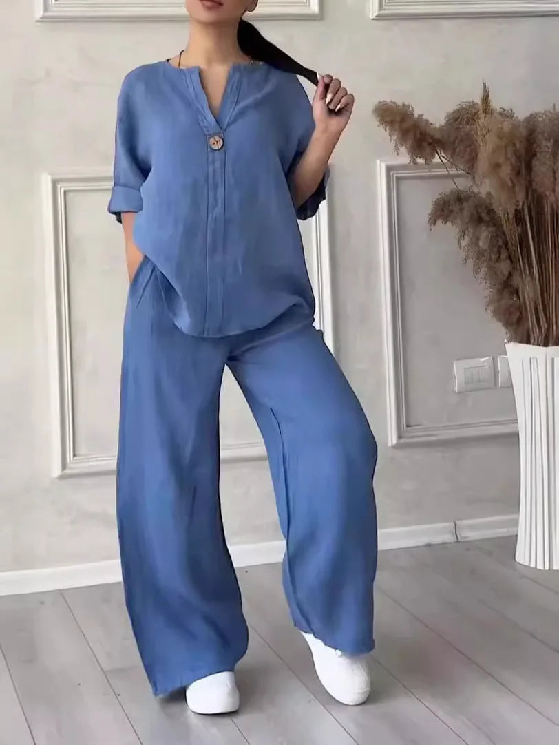Lightweight Linen Blouse and Pants Set - Pexav