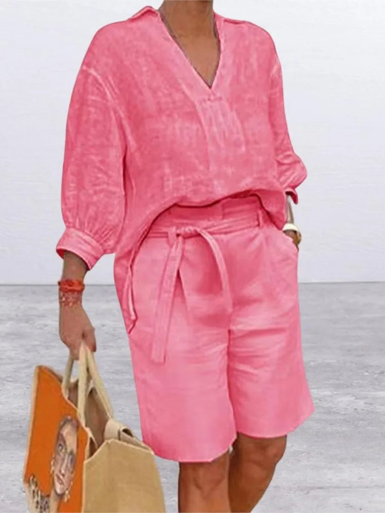Lightweight Women's Linen Blouse and Shorts Set - Pexav