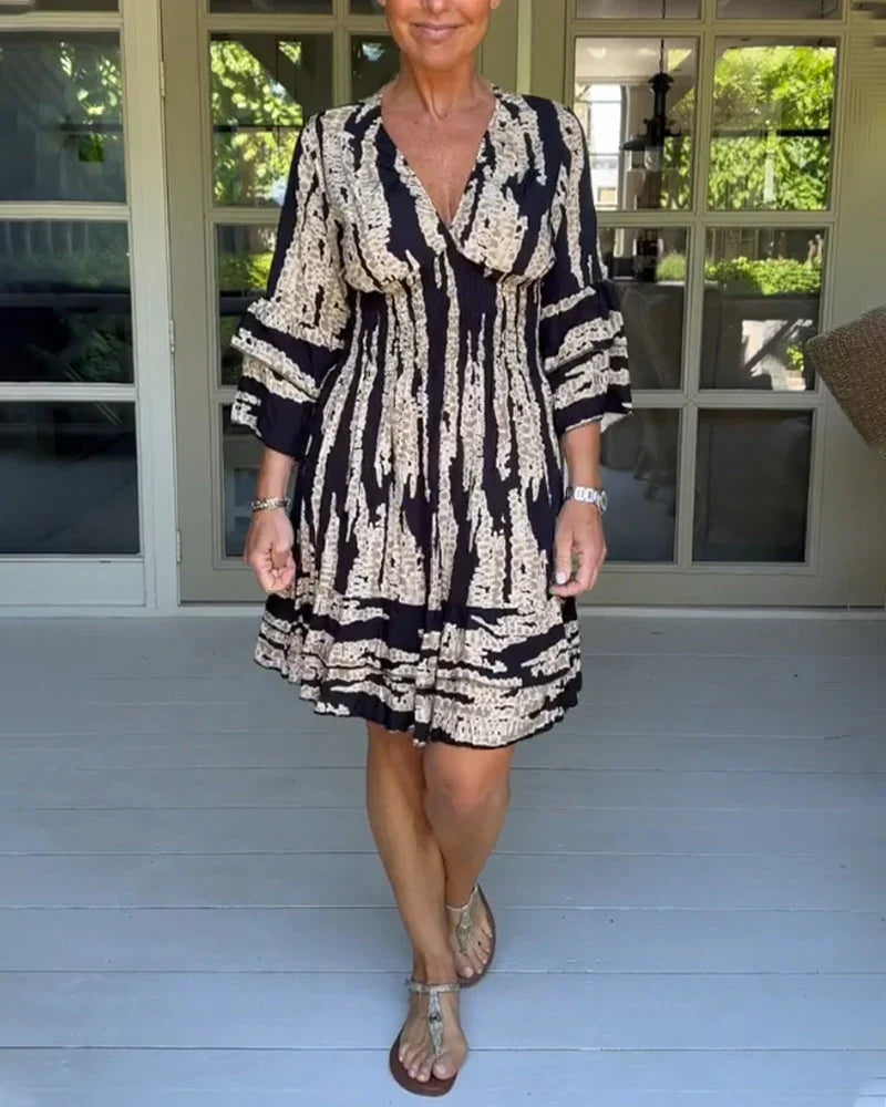 Chic V Neck Ladies Summer Dress with Short Sleeves - Pexav