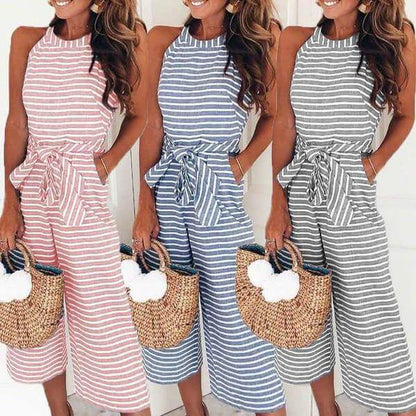Airy & Stylish Women's Jumpsuit with Waist Belt and Stripes – Nayla-Blue-S-Nora Luxe
