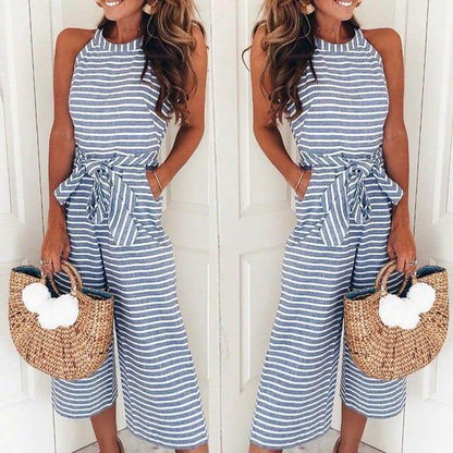Airy & Stylish Women's Jumpsuit with Waist Belt and Stripes – Nayla-Blue-S-Nora Luxe