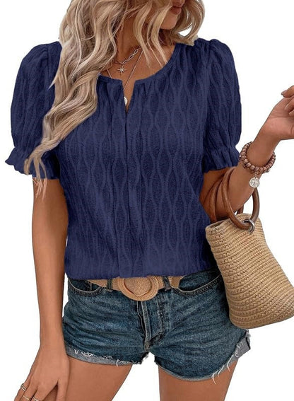 Airy & Stylish Women's Puff Sleeve Blouse with Lace Accent – Noemi-Navy blue-S-Nora Luxe