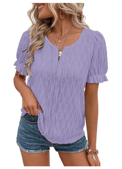 Airy & Stylish Women's Puff Sleeve Blouse with Lace Accent – Noemi-Purple-S-Nora Luxe