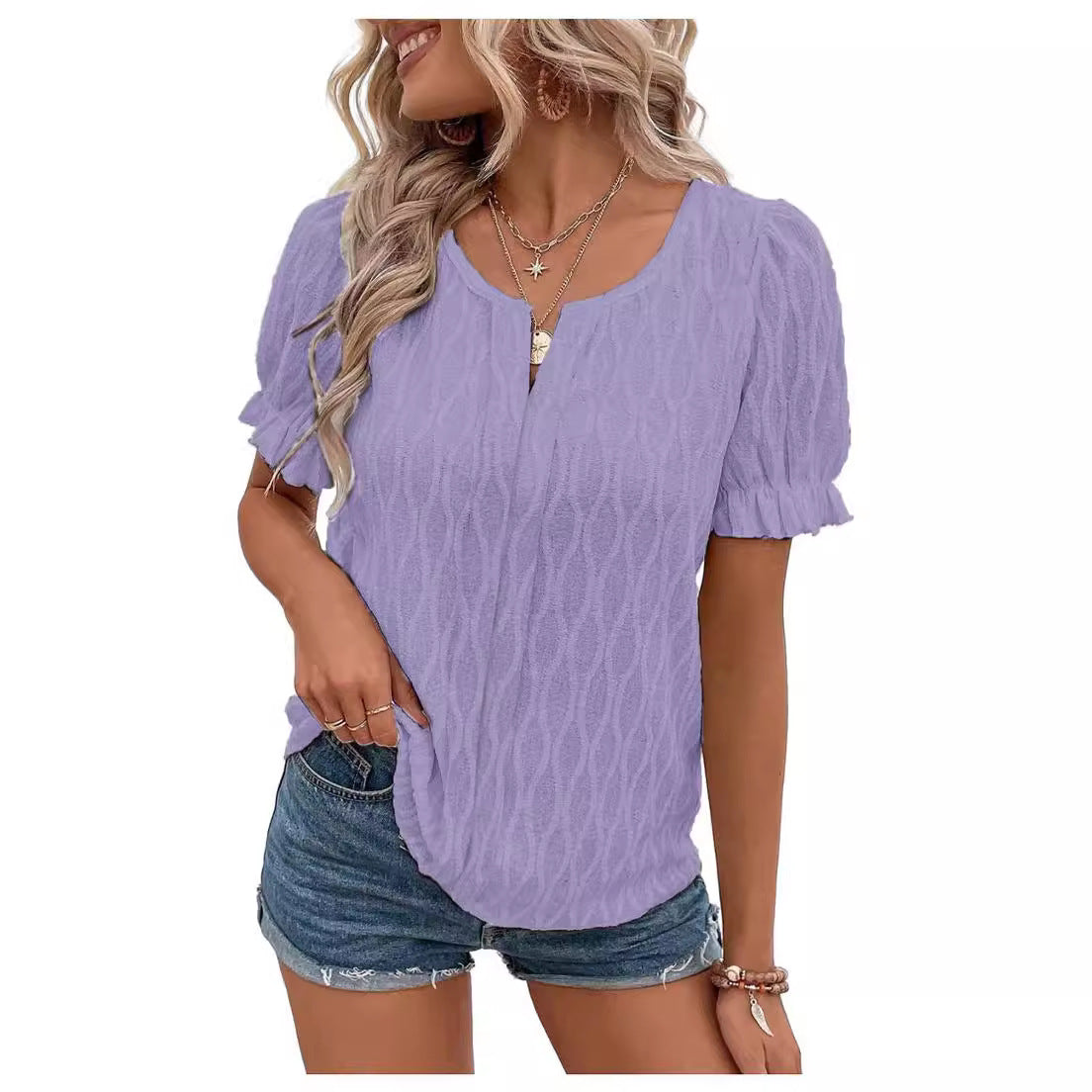 Elegant Floral Women's Puff Sleeve Top with Lace Detail - Pexav