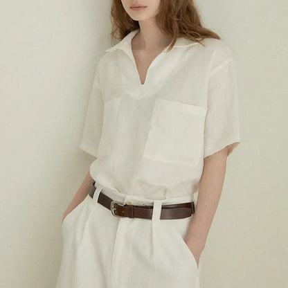 Lightweight Classic V Neck Linen Blouse for Women - Pexav