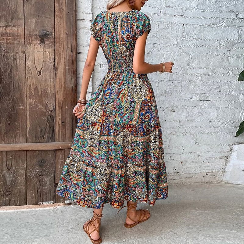Flowy V-Neck Ethnic Print Maxi Dress for Women - Pexav