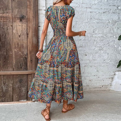 Flowy V-Neck Ethnic Print Maxi Dress for Women - Pexav