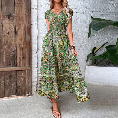 Airy women's maxi dress with ethnic print & V-neck – Nayeli-Green-S-Nora Luxe