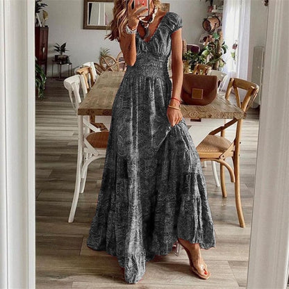 Airy women's maxi dress with ethnic print & V-neck – Nayeli-Grey-S-Nora Luxe